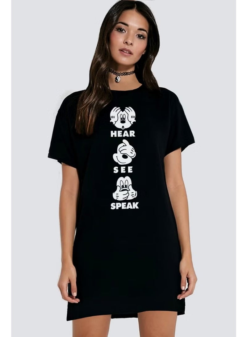 Rock&Roll See Hear Black Short Sleeve Combed Cotton T-Shirt Dress - Image 1